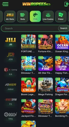 A mobile screen showing the WinRupees app with various fishing and arcade-style game icons.