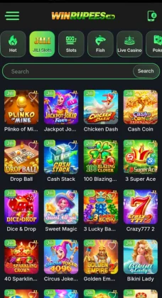 WinRupees app interface showing a grid of JILI slot game options with colorful graphics.