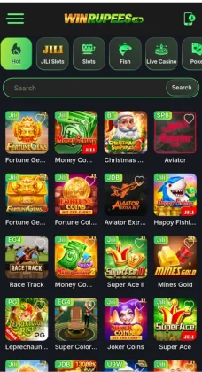 WinRupees Game  list showing slots, fish games, and casino categories.