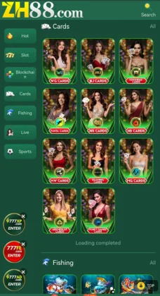 ZH88 Game card section showing live dealer options and various casino-style card games.