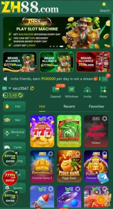 ZH88 Game app home screen showing slot machines, game icons, bonuses, and earning options.
