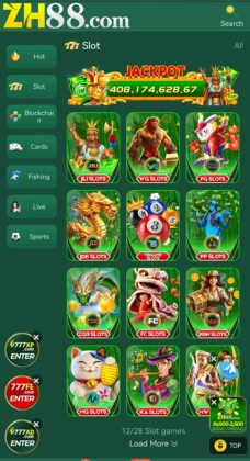 Online casino interface from ZH88 Game  showing various slot machine game options with animated icons.