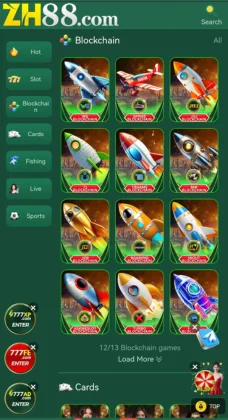 Gaming app page featuring a collection of rocket-based blockchain games on ZH88 Game 